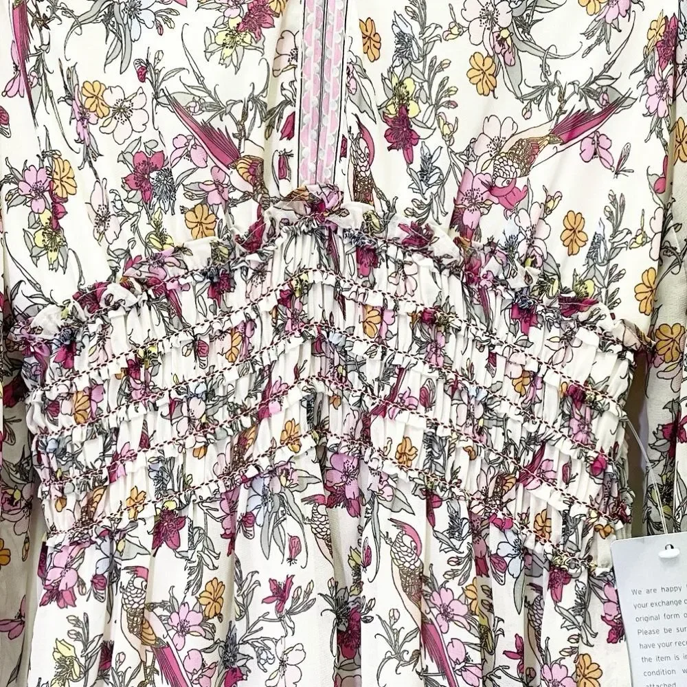NWT Max Studio Smocked Cream Pink Floral Bird Print Mini Dress Size Medium NEW - Picture 8 of 14